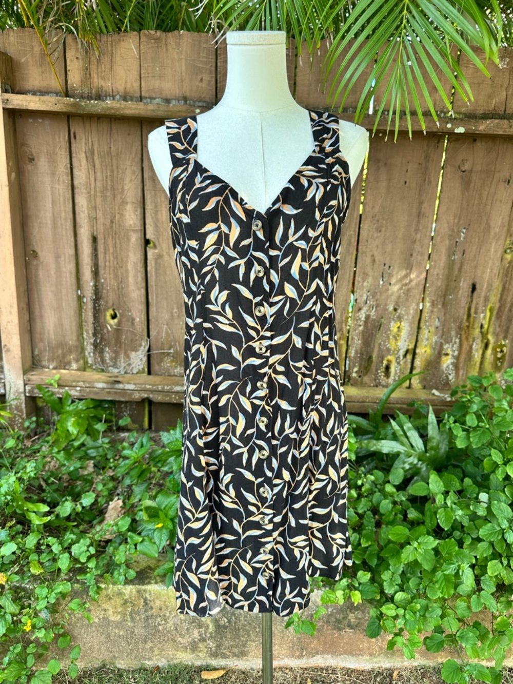 Amuse Society Black Mini Dress with Cream and Tan Leaf Print